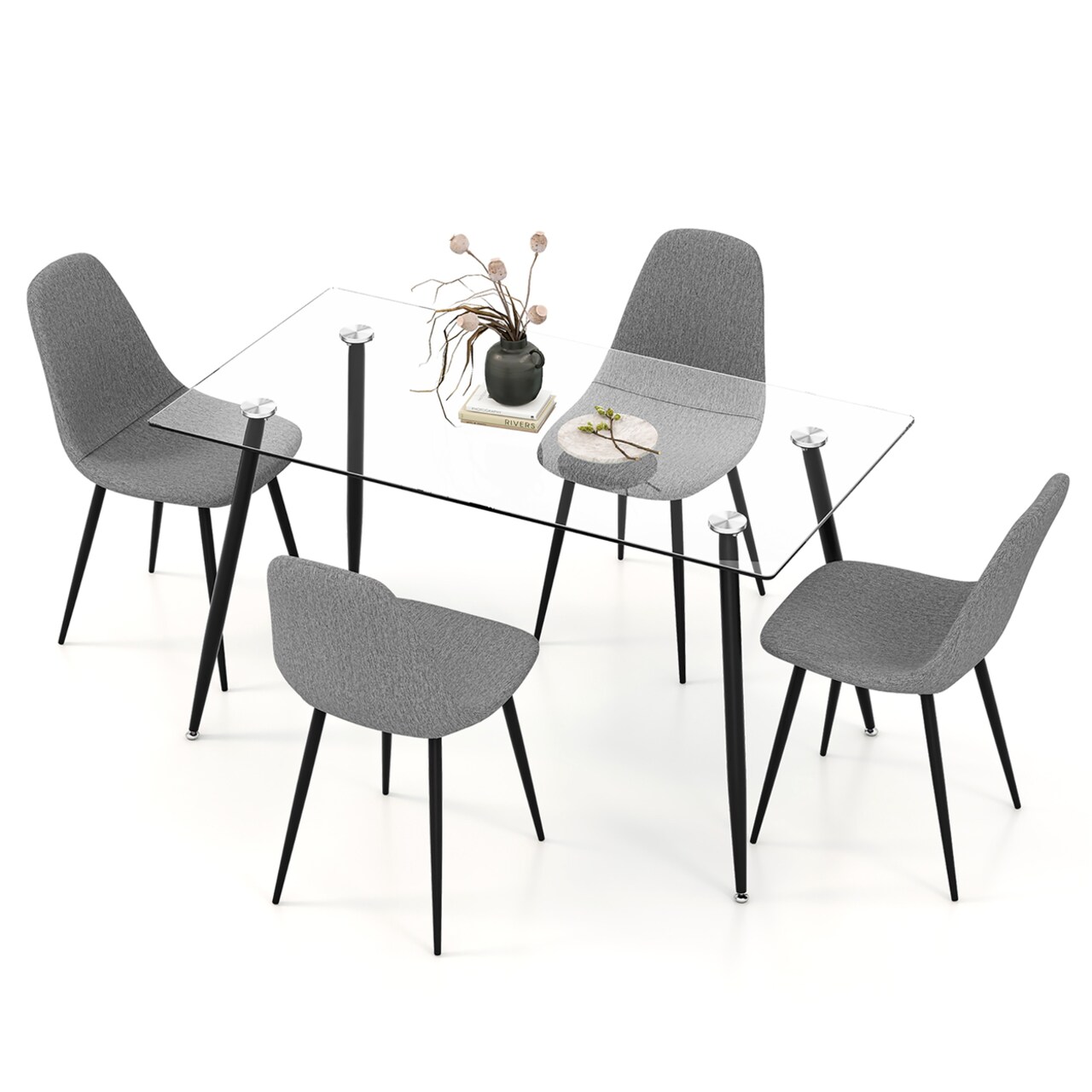 5 Pcs Dining Table Set 51" Modern Rectangular Glass Table And 4 Chairs Kitchen